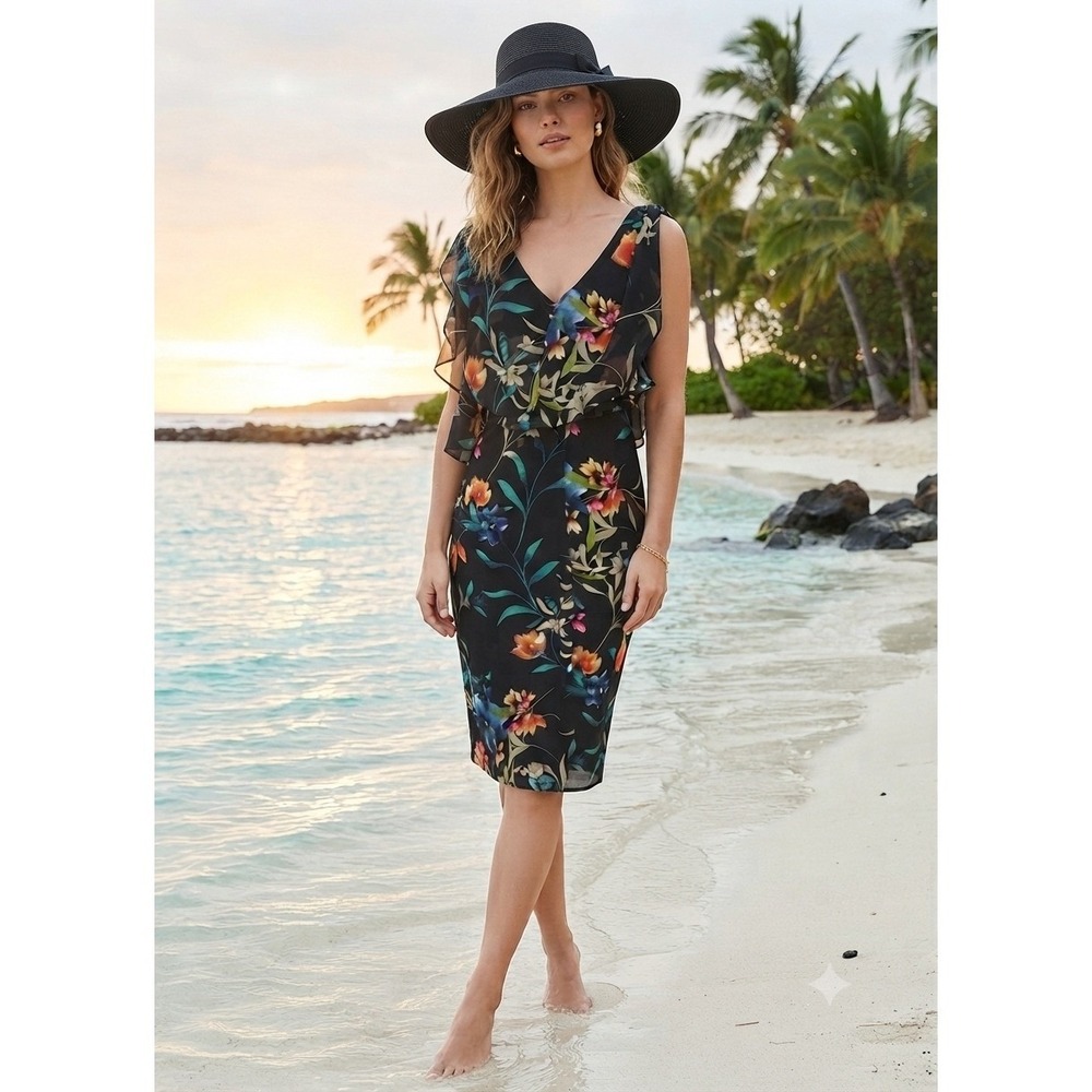 Connected Apparel Womens 18W Black Tropical Floral Ruffle Sheath Dress NWT